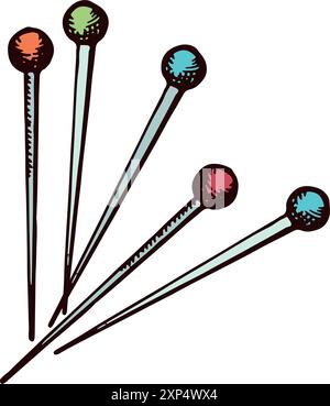 Sewing pins color drawing. Color ball needles Stock Vector