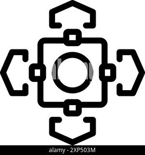 Bold line icon representing a data exchange system connecting to multiple devices, symbolizing seamless data transfer and connectivity Stock Vector