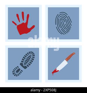 Trending collage on the theme of detective investigation, clues, crime. Grunge retro photocopy with stipple effect. Dirty dot texture. Stock Vector