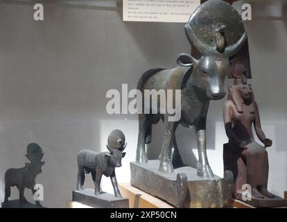 Two statues of the God Ptah, Statue of  Apis and the woman with the Lioness head. El Cairo Museum, Stock Photo