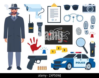 Police detective character and equipment. Investigation tools. Pistol, handcuffs, flashlight, palm print, body outline, shoe marks, police tape, sungl Stock Vector