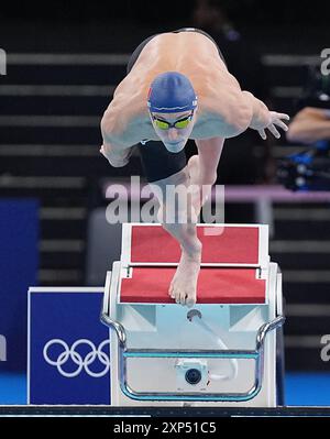 Paris, France. 3rd Aug, 2024. Maxime Grousset of France dives into the pool during the men's 100m butterfly final of swimming at Paris 2024 Olympic Games in Paris, France, on Aug. 3, 2024. Credit: Du Yu/Xinhua/Alamy Live News Stock Photo