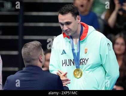 Paris, France. 03rd Aug, 2024. Kristof Milak of Hungary receives his gold medal after winning the Men's 100m Butterfly at the Paris 2024 Olympics at the Arena Le Defense in Paris, France on Saturday, August 3, 2024. Photo by Richard Ellis/UPI Credit: UPI/Alamy Live News Stock Photo