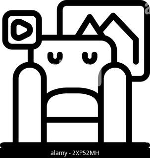 Line icon concept of home cinema, depicting an armchair, a video player, and a framed picture Stock Vector