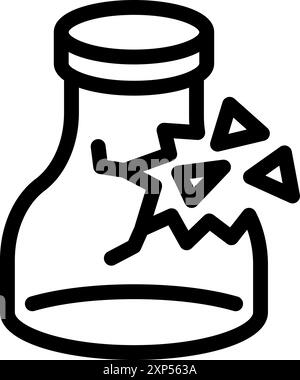 Simple, bold line icon of a glass jar breaking, with shards flying away from the impact point Stock Vector