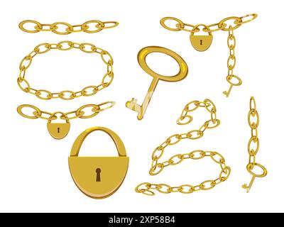 A set of gold products in the form of chains, a key, a lock on a white background Stock Vector
