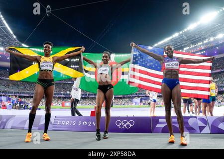 Paris, France. 03rd Aug, 2024. PARIS, FRANCE - AUGUST 3: Bronze medalist Jasmine Moore of United States R), silver medalist Shanieka Ricketts of Jamaica L) and gold medalist and winner Thea Lafond of Dominica C) posing for a photo after Women's Triple Jump Final on day eight of the Olympic Games Paris 2024 at Stade de France on August 3, 2024 in Paris, France. (Daniela Porcelli/SPP) Credit: SPP Sport Press Photo. /Alamy Live News Stock Photo