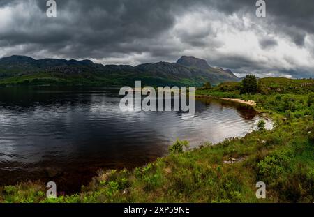View Over Lake Loch Maree Near Talladale To Mountain Slioch In The Highlands Of Scotland, UK Stock Photo