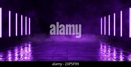 Garage or hangar with purple neon light. Cement floor with fog and smoke. Black background. Smoke or fog on dark wet tile background. Dark street with Stock Photo