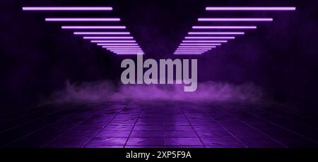 Black background. Smoke or fog on dark wet tile background. Garage or hangar with purple neon light. Cement floor with fog and smoke. Dark street with Stock Photo