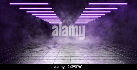 Garage or hangar with purple neon light. Black background. Smoke or fog on dark wet tile background. Cement floor with fog and smoke. Dark street with Stock Photo