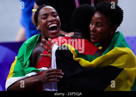 Paris, France, 3 August, 2024. Thea Lafond of Dominica celebrates winning the WomenÕs Triple Jump during the Paris 2024 Olympic Games Athletics at the Stade de France on August 03, 2024 in Paris, France. Credit: Pete Dovgan/Speed Media/Alamy Live News Stock Photo