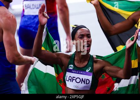 Paris, France, 3 August, 2024. Thea Lafond of Dominica celebrates winning the WomenÕs Triple Jump during the Paris 2024 Olympic Games Athletics at the Stade de France on August 03, 2024 in Paris, France. Credit: Pete Dovgan/Speed Media/Alamy Live News Stock Photo