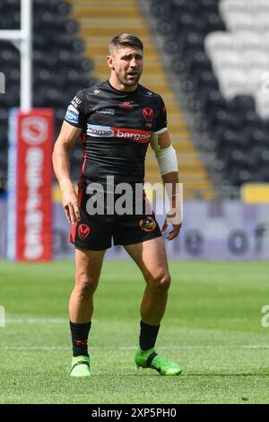 Hull, England - 3rd August 2024 - Tommy Makinson of St Helens kicks ...