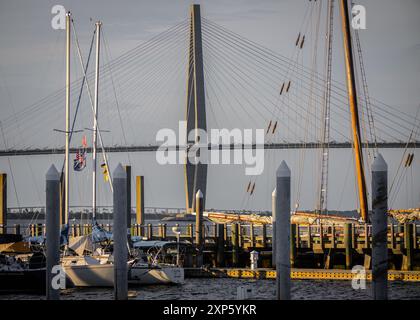 Looking across the marina at the Arthur Ravenel Jr. Bridge in Charleston, South Carolina at sunset. Stock Photo