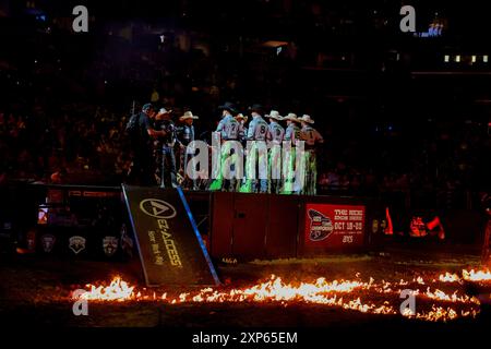 SUNRISE, FLORIDA - AUGUST 2: > PBR riders line up at Amerant Bank Arena on August 2, 2024 in Sunrise, Florida. (Photo by Chris Arjoon/Getty Images) Stock Photo