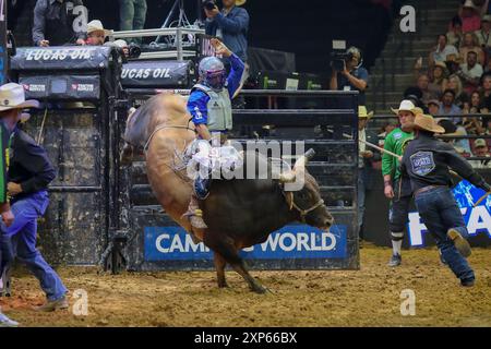 SUNRISE, FLORIDA - AUGUST 2: Ernie Coulson riding Boujee Boy during the PBR: Camping World Team Series Freedom Days  :Photo by Chris Arjoon Stock Photo