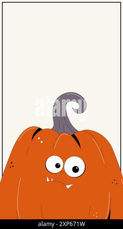 Happy Halloween background for Instagram stories templates in trendy retro style. Social media frame with groovy red character pumpkin. Vector flat illustration Stock Vector