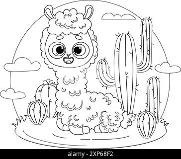 Llama Alpaca. Cute smiling animal character with tropical cacti and clouds. Vector illustration. Line drawing, coloring book. Kids collection. Stock Vector