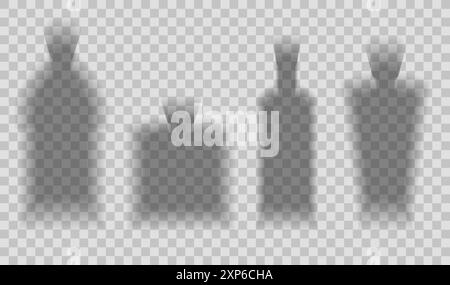 Vector set of transparent shadows of glass bottles isolated from background. Collection of clipart blurred shadow overlay effect for cards Stock Vector
