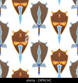 Vector seamless pattern with cartoon swords and shields in a row on a white background. Military medieval texture. Knight background for wrapping Stock Vector