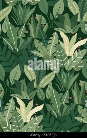 Vector seamless pattern with flat leaves on dark green background. Surface design with plants and bushes for fabrics, wallpaper and wrapping paper Stock Vector