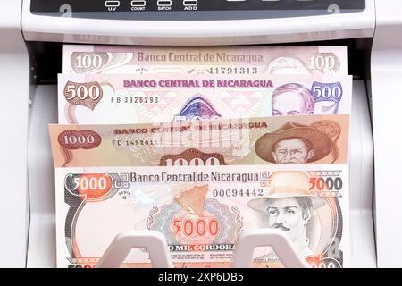 Old Nicaraguan money - cordoba in the counting machine Stock Photo