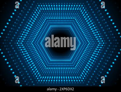 Blue neon glowing dotted linear hexagons abstract hi-tech background. Futuristic geometric vector design Stock Vector