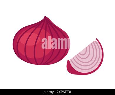 Whole and slice of red onion. Fresh raw vegetable bulb with peel. Vector illustration isolated on white background. Stock Vector