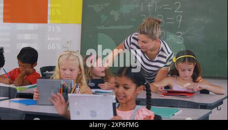 A teacher teaching kids on a digital tablet in a classroom at school Stock Photo