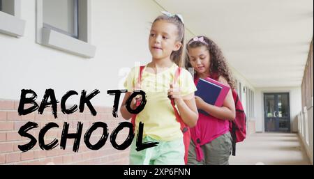 Image of back to school text over happy diverse school kids at school Stock Photo