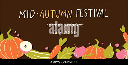 Hand drawn banner for mid autumn festival. Vector illustration for farmers market, local products, harvest festival. Stock Vector