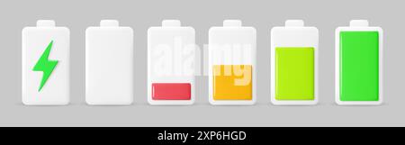 Battery charge indicators at different charge levels from empty to full. 3D realistic design. Vector illustration Stock Vector