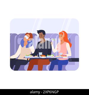 Passengers sitting in airplane seats, man and woman eating food from trays vector illustration Stock Vector