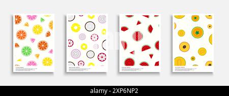 Collection of color summer fruits posters, templates, backgrounds placards, brochures, banners, flyers and etc. Bright drawing covers. Vibrant nature Stock Vector