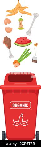 Organic waste red trash can. Garbage sorting Stock Vector