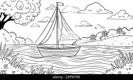 Coloring pages for kids small sailboat cartoon style thick lines low detail black and white Stock Vector