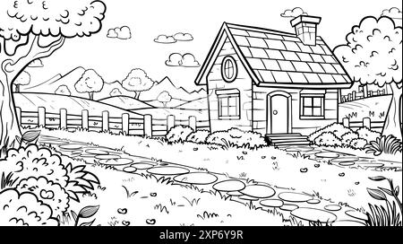 House in the meadow Black and white vector illustration for coloring book, Jungle theme line art Stock Vector