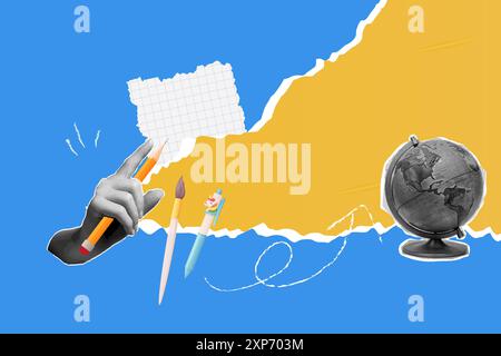 Blank poster, banner with hand and globe. Education retro halftone collage. Vector illustration Stock Vector