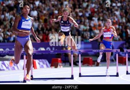 Great Britain's Lina Nielsen during the Women's 400m Hurdles heats at the Stade de France on the ninth day of the 2024 Paris Olympic Games in France. Picture date: Sunday August 4, 2024. Stock Photo