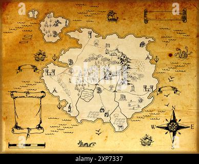 Old vintage fantasy map with kingdoms, hand drawn elements with space for titles Stock Photo