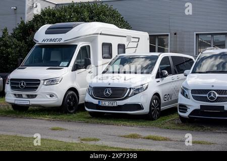 OSTRAVA, CZECH REPUBLIC - SEPTEMBER 21, 2023: Mercedes-Bencz Sprinter Hymer caravan and electric EQV minivan car at dealership Stock Photo