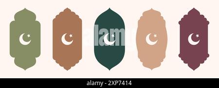 Shape Islamic door and window silhouette Arabic arch with crescent moon. Collection of patterns in oriental style. Frames in Arabic Muslim design for Stock Vector