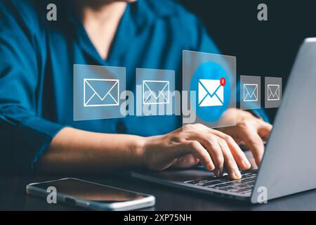 Cyberspace, businesses use electronic mail to reach clients, leveraging online networks and social media for effective marketing and communication thr Stock Photo