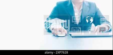 Online education, students can learn and earn a degree via virtual courses on a laptop, using digital tutorials and apps, showcasing the modern concep Stock Photo