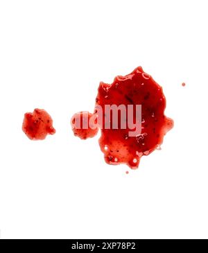 Liquid spot, drops and smear stains of sweet red berry jam, sauce isolated on white, top view Stock Photo