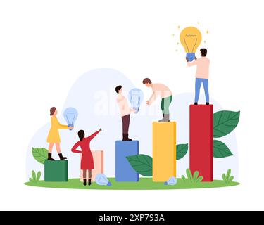 Team members collaboratively working on ideas and innovations, represented by light bulbs and growth bars. Each person contributes to different stages of development vector illustration. Stock Vector