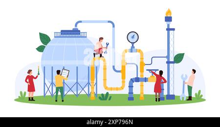 Gas industry pipe system and tank inspection, pressure control. Tiny people work on refinery and chemical plant, check LPG and LNG industrial containers for safety cartoon vector illustration Stock Vector