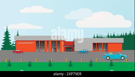 A modern supermarket building with cars outside the city against the backdrop of a forest. Vector. Stock Vector
