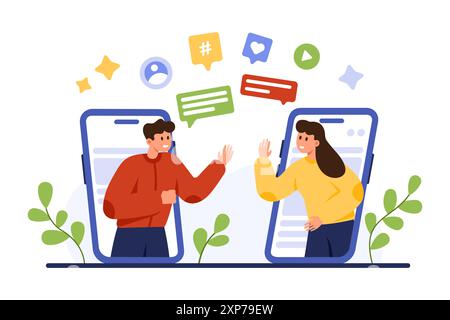 Online chat communication in social media mobile app. Two tiny people waving hands on phone screen, talk in messenger, dialogue of couple or friends in speech bubbles cartoon vector illustration Stock Vector